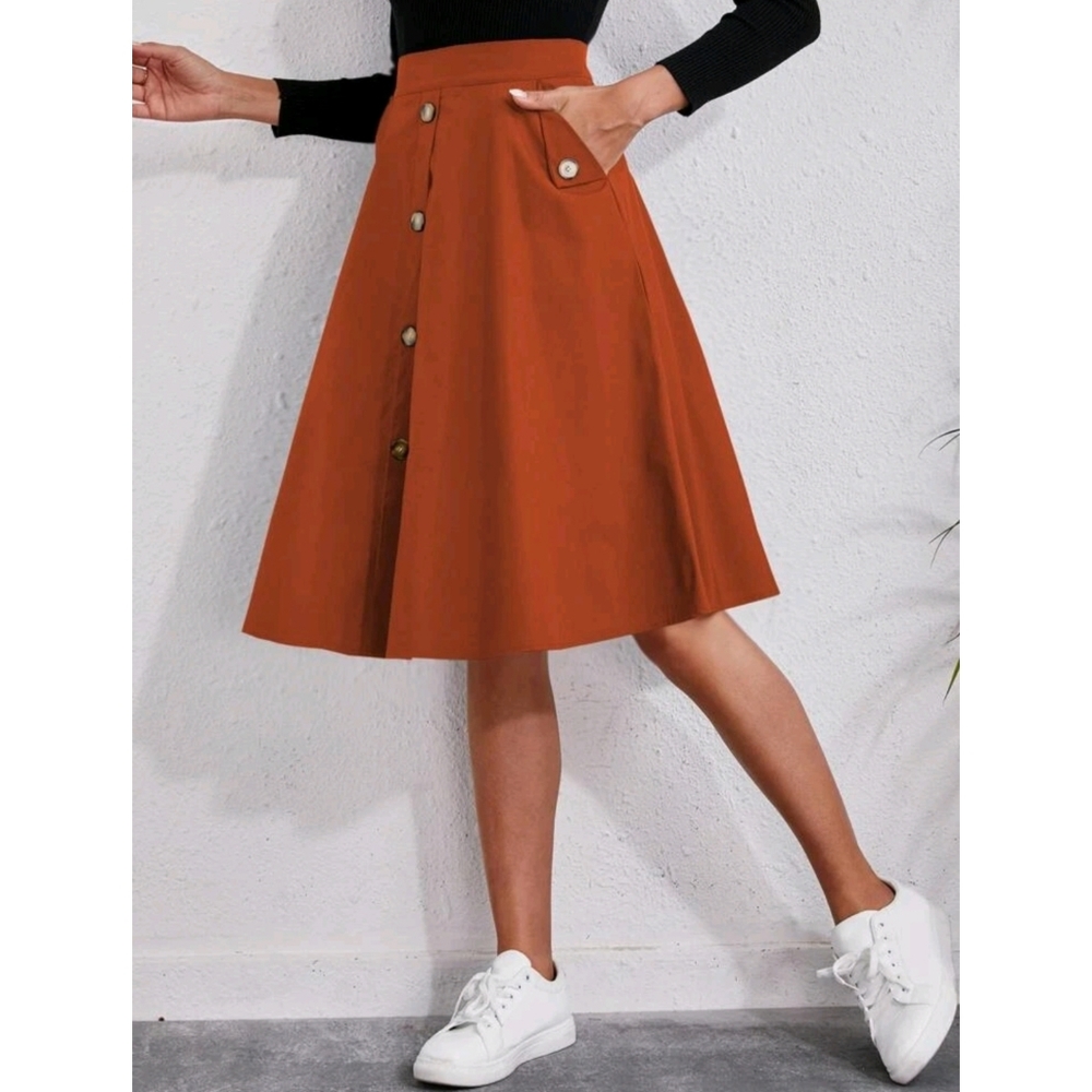 Solid With Pockets Single Breasted Flare Skirt - image 5